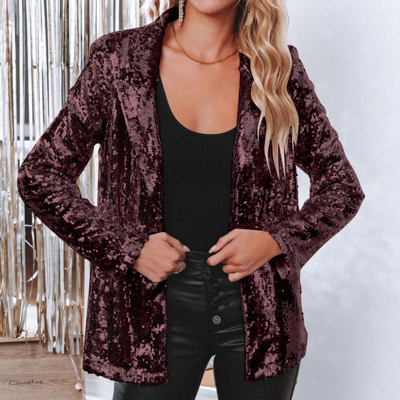 Sequin Lapel Collar Long Sleeve Blazer