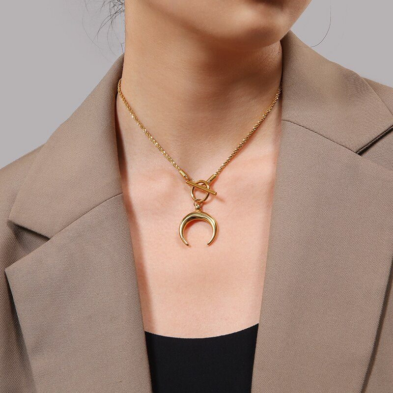 Crescent Half Moon Toggle Necklaces Metal Collar Women's Stainless Steel Ox Horn Luna Necklace Collier