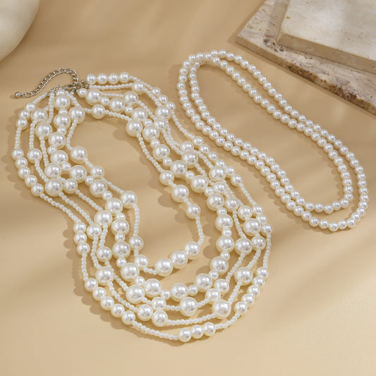 Exaggerated multi-layer imitation pearl necklace women's dress fashionable bride's small fragrance bead necklaces set