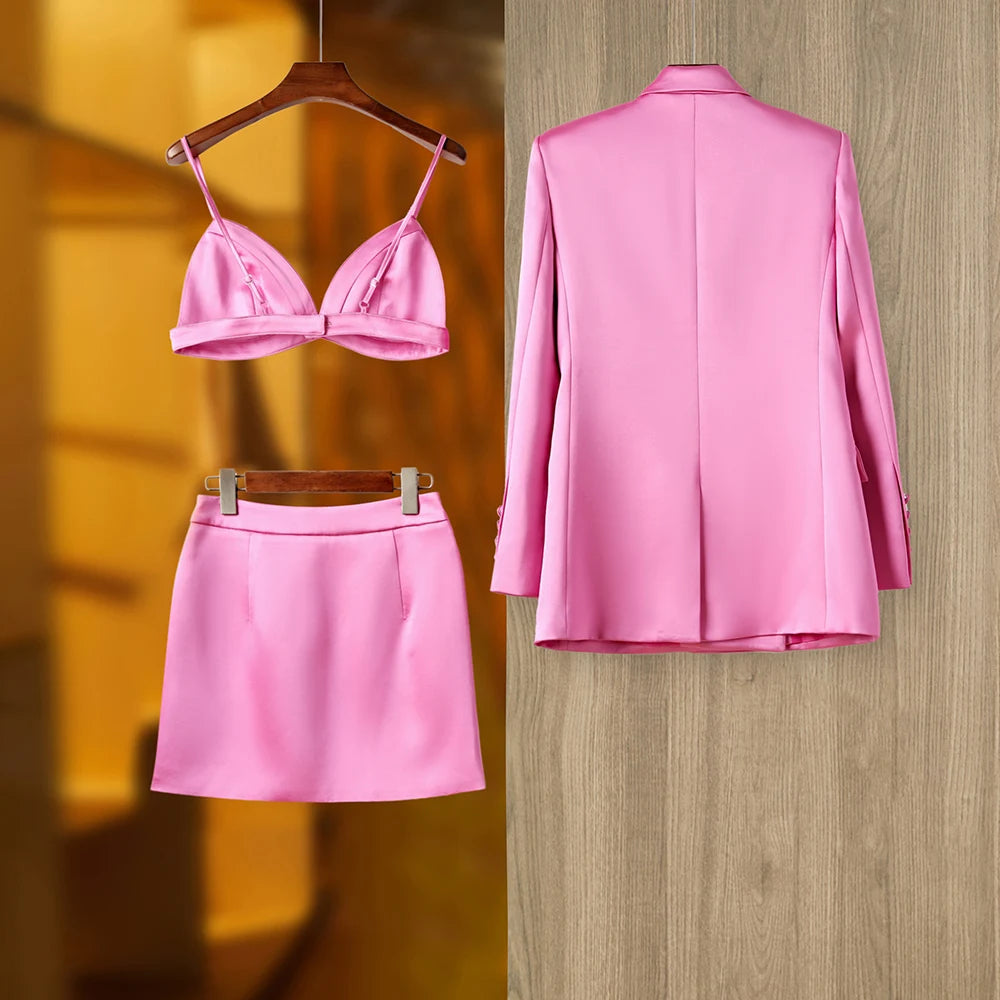 Women Street Design Pink Satin 3PCS Blazer Sets