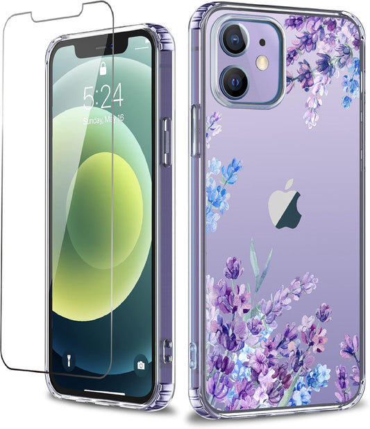 Flower Designed for Iphone 12/12 Pro Case[With Screen Protector], Floral Clear Women Phone Case Shockproof Protective Soft TPU Bumper Cover 6.1 Inch 2020(Lavender/Purple)