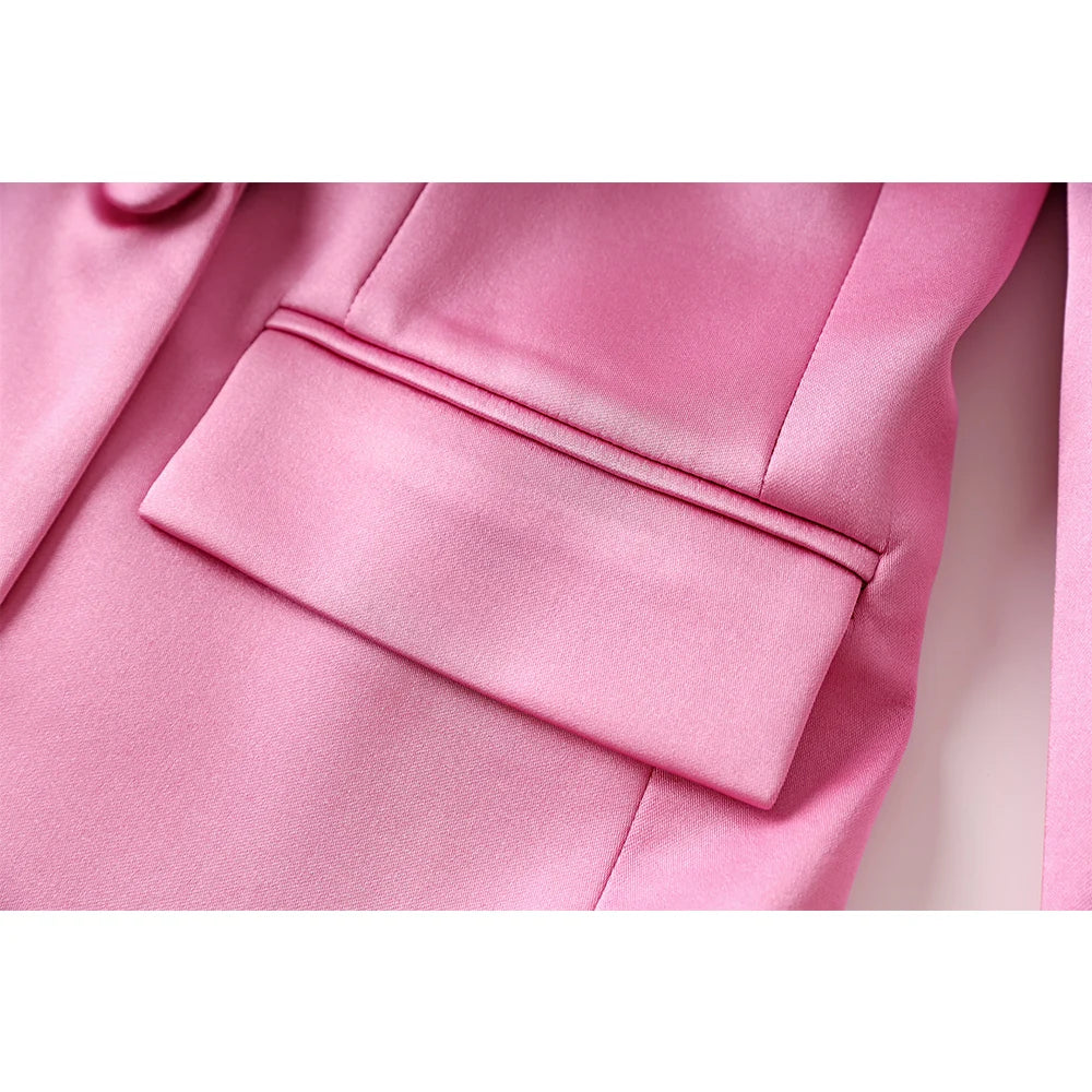 Women Street Design Pink Satin 3PCS Blazer Sets