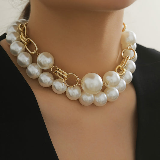 Creative punk style round bead double layered necklace necklaces with exaggerated metal chains