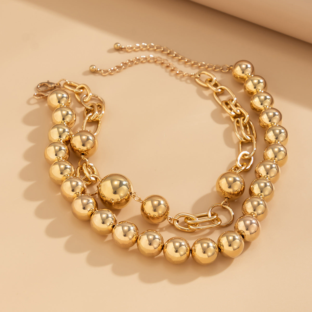 Creative punk style round bead double layered necklace necklaces with exaggerated metal chains