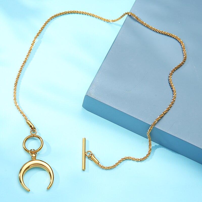 Crescent Half Moon Toggle Necklaces Metal Collar Women's Stainless Steel Ox Horn Luna Necklace Collier