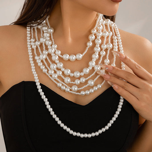 Exaggerated multi-layer imitation pearl necklace women's dress fashionable bride's small fragrance bead necklaces set