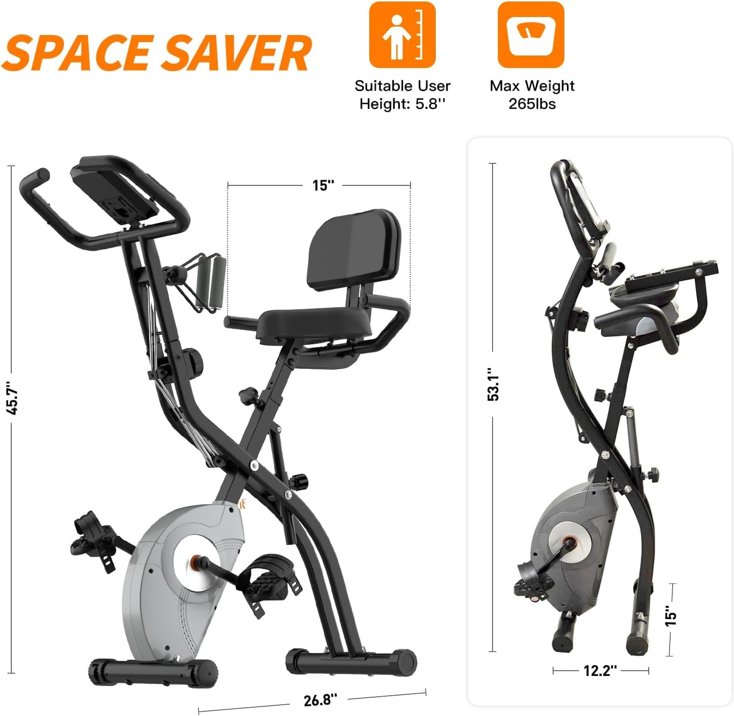 Exercise Bike Foldable Fitness Indoor Stationary Bike Magnetic 3 in 1 Upright Recumbent Exercise Bike for Home Workout (Black)