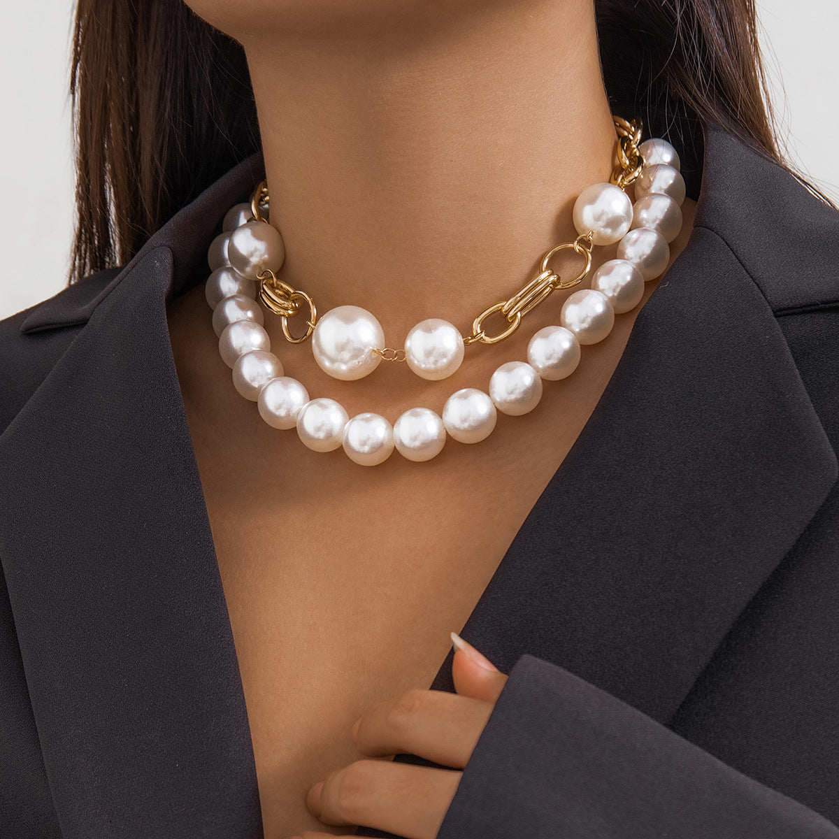 Creative punk style round bead double layered necklace necklaces with exaggerated metal chains
