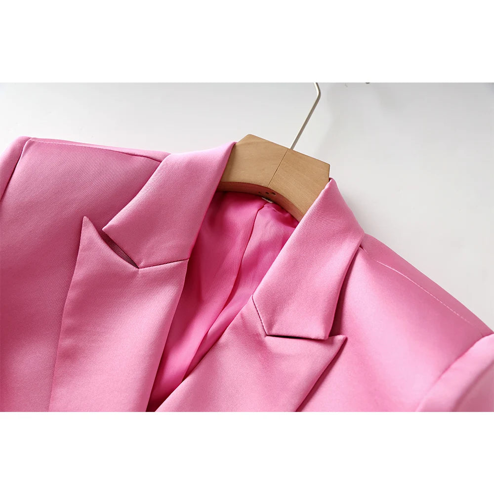 Women Street Design Pink Satin 3PCS Blazer Sets