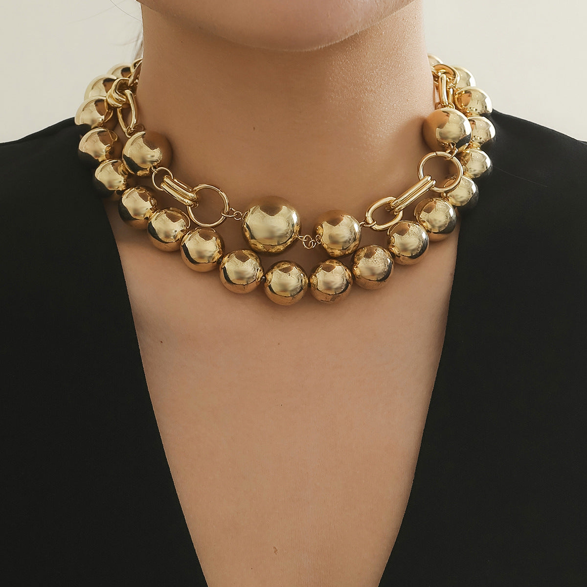 Creative punk style round bead double layered necklace necklaces with exaggerated metal chains