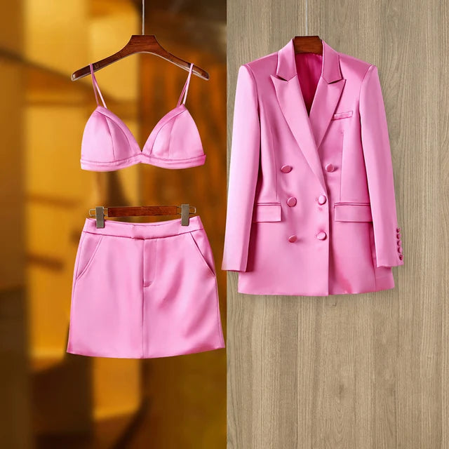 Women Street Design Pink Satin 3PCS Blazer Sets