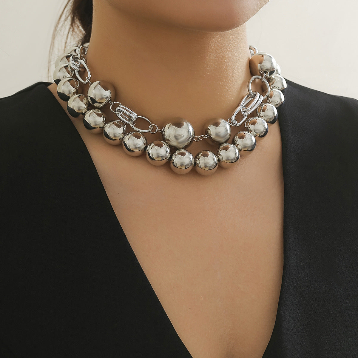 Creative punk style round bead double layered necklace necklaces with exaggerated metal chains