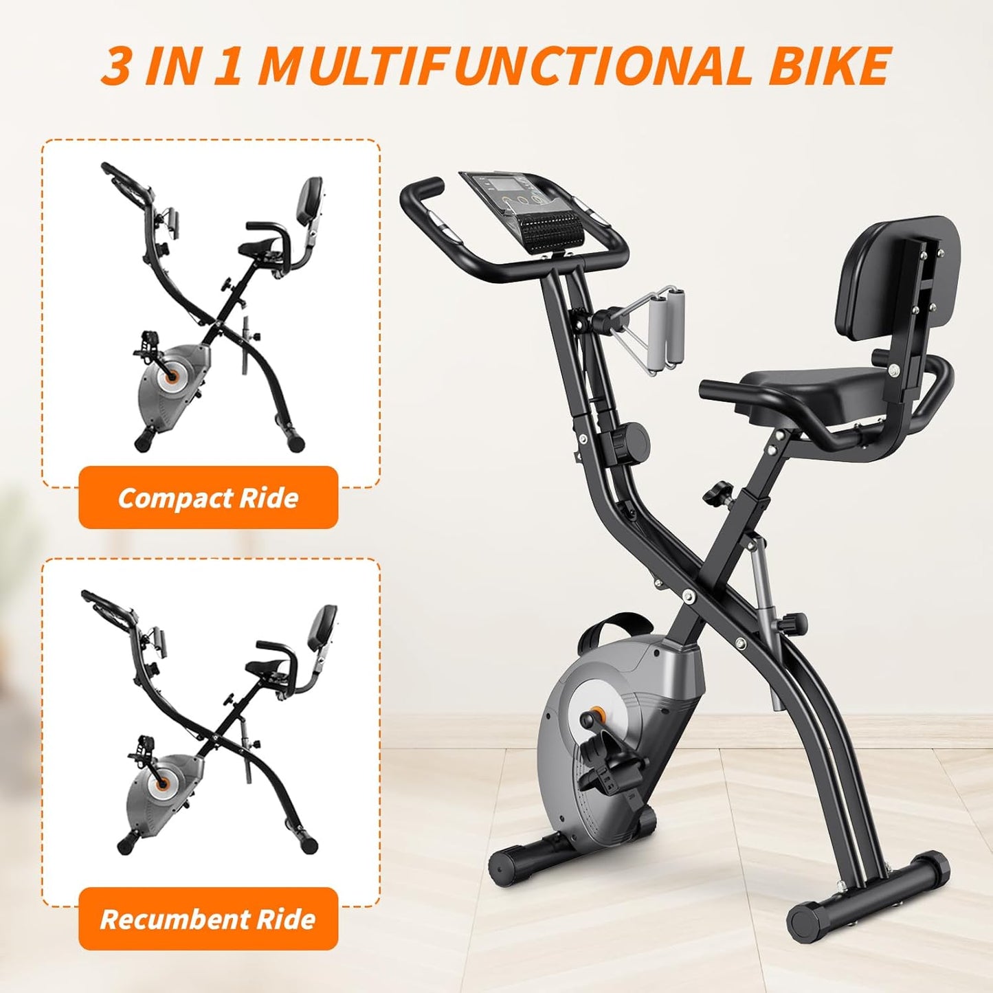 Exercise Bike Foldable Fitness Indoor Stationary Bike Magnetic 3 in 1 Upright Recumbent Exercise Bike for Home Workout (Black)