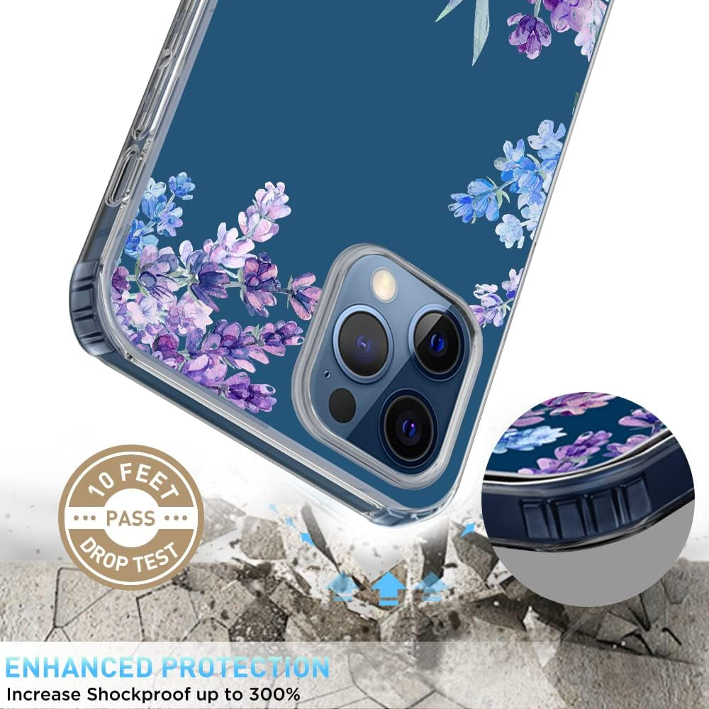 Flower Designed for Iphone 12/12 Pro Case[With Screen Protector], Floral Clear Women Phone Case Shockproof Protective Soft TPU Bumper Cover 6.1 Inch 2020(Lavender/Purple)